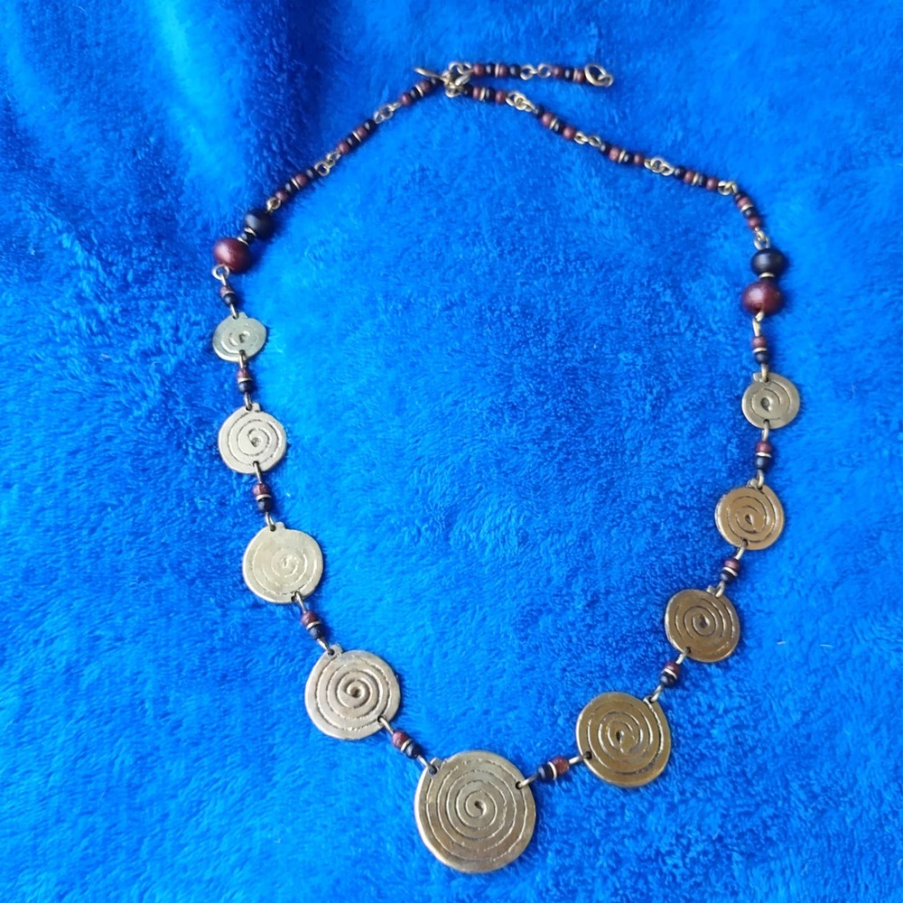 Vintage Wooden Beaded Metal Swirl Spiral Tribal Safari Mixed Necklace
